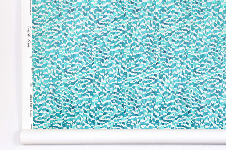 Venable Moore Zebra Stripe abstract animal in turquoise blue boutique made-to-order, printed in the U.S.A. wallpaper roll against white wall