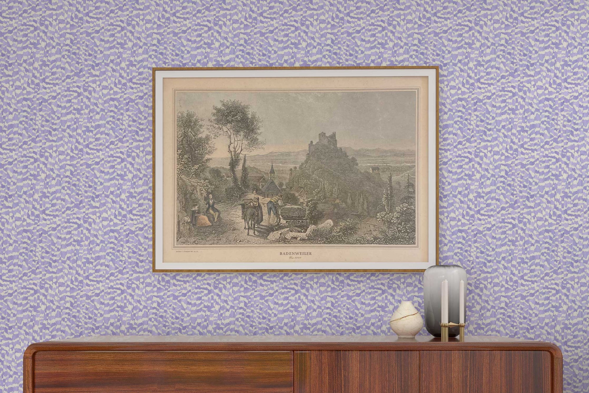 Venable Moore Zebra Stripe abstract animal in lavender purple made-to-order, printed in the U.S.A. wallpaper on a wall with wood console, vases, and framed art