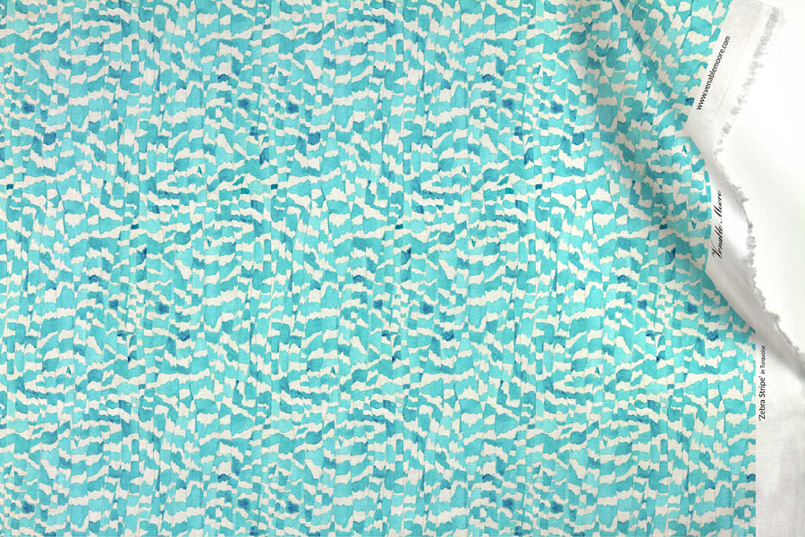 Venable Moore 100% European linen Zebra Stripe abstract animal fabric by the yard in turquoise blue with top fold against white