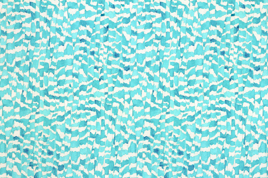 Up close of Venable Moore 100% European linen Zebra Stripe abstract animal fabric by the yard in turquoise blue