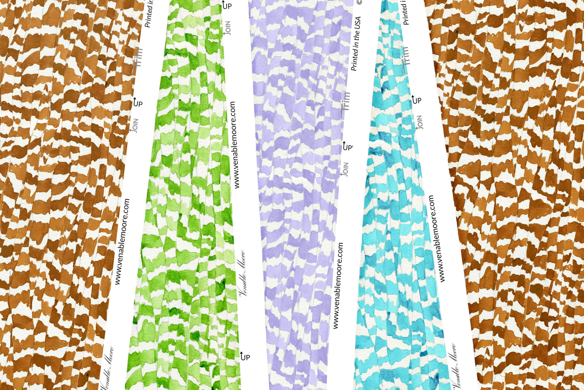 Zebra Stripe abstract animal wallpaper by Venable Moore in chestnut, petal, lavender, and turquoise