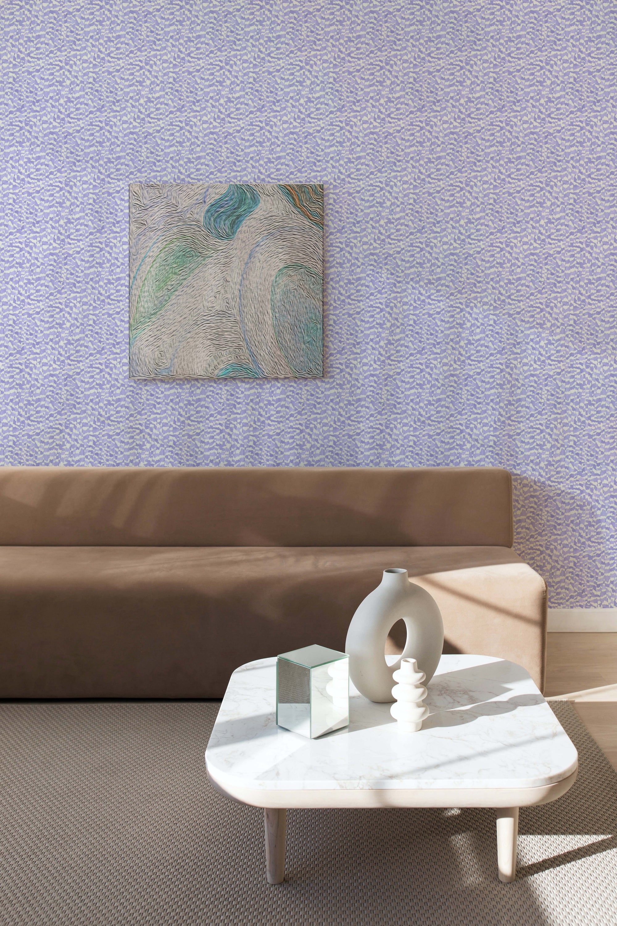 Zebra Stripe animal wallpaper in lavender installed in living room with painting, sofa, and coffee table with objects