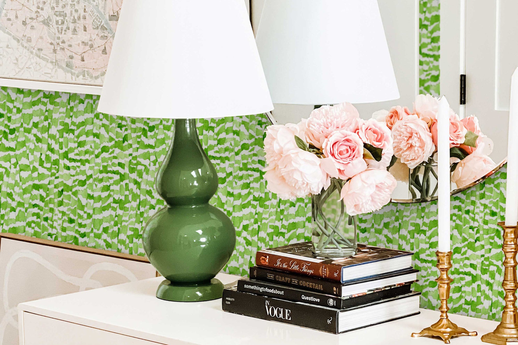 Petal Zebra Stripe installed in a room with green lamp, roses, and candlesticks on a side table