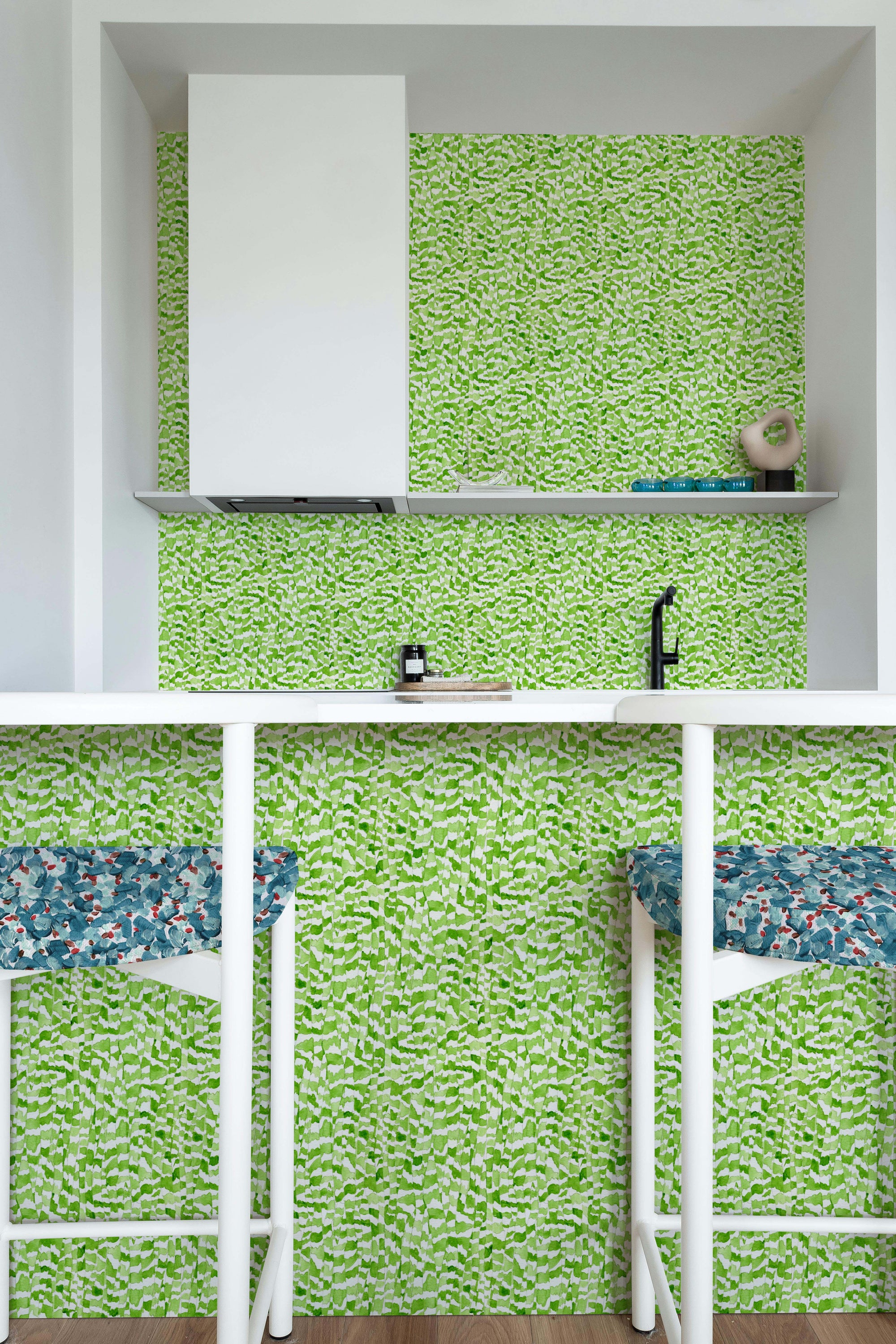 Zebra Stripe animal wallpaper in petal installed in kitchen with chintz moderne cotton upholstered on bar seats