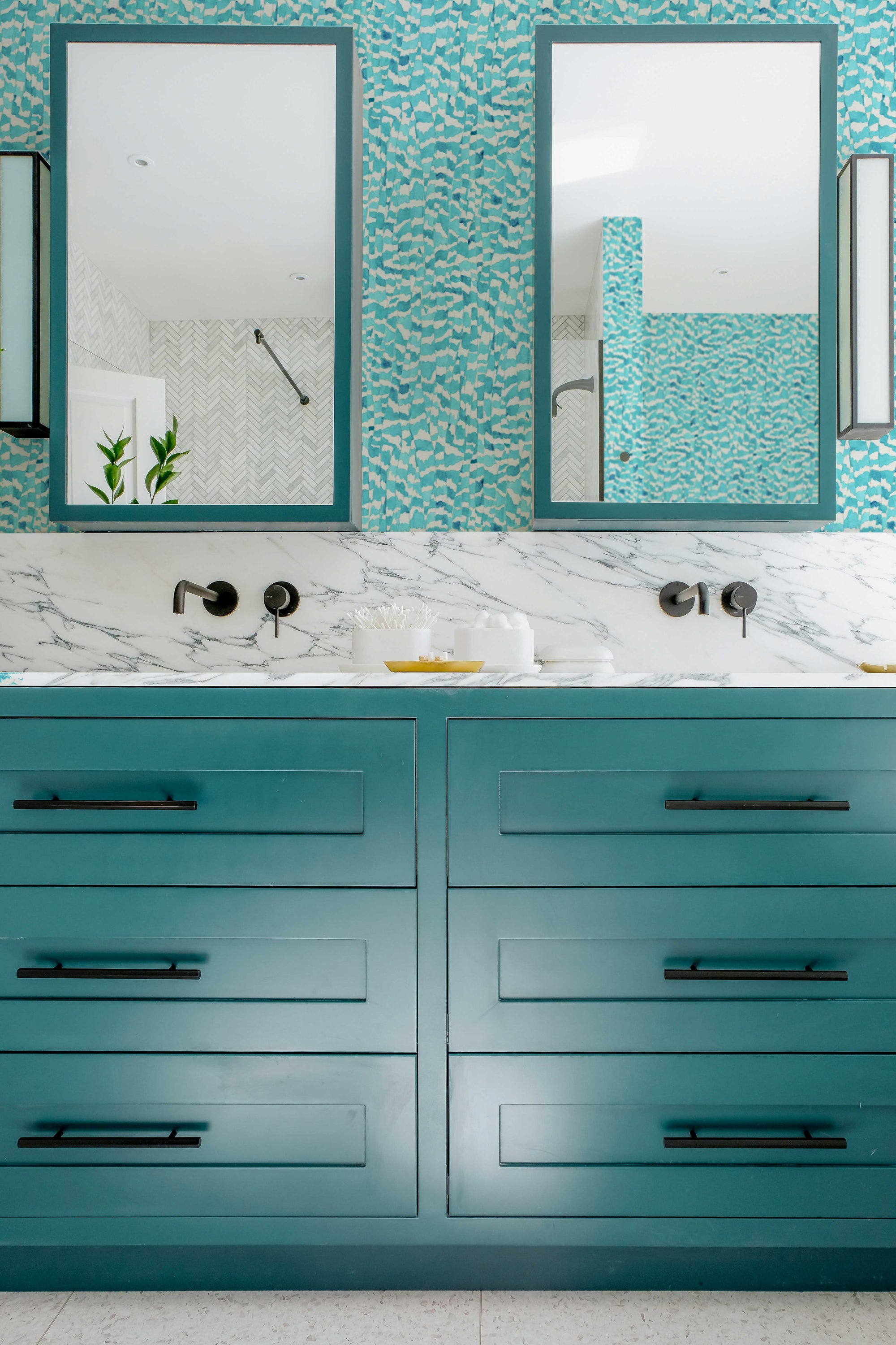 Zebra Stripe animal pattern wallpaper in turquoise installed in a bathroom