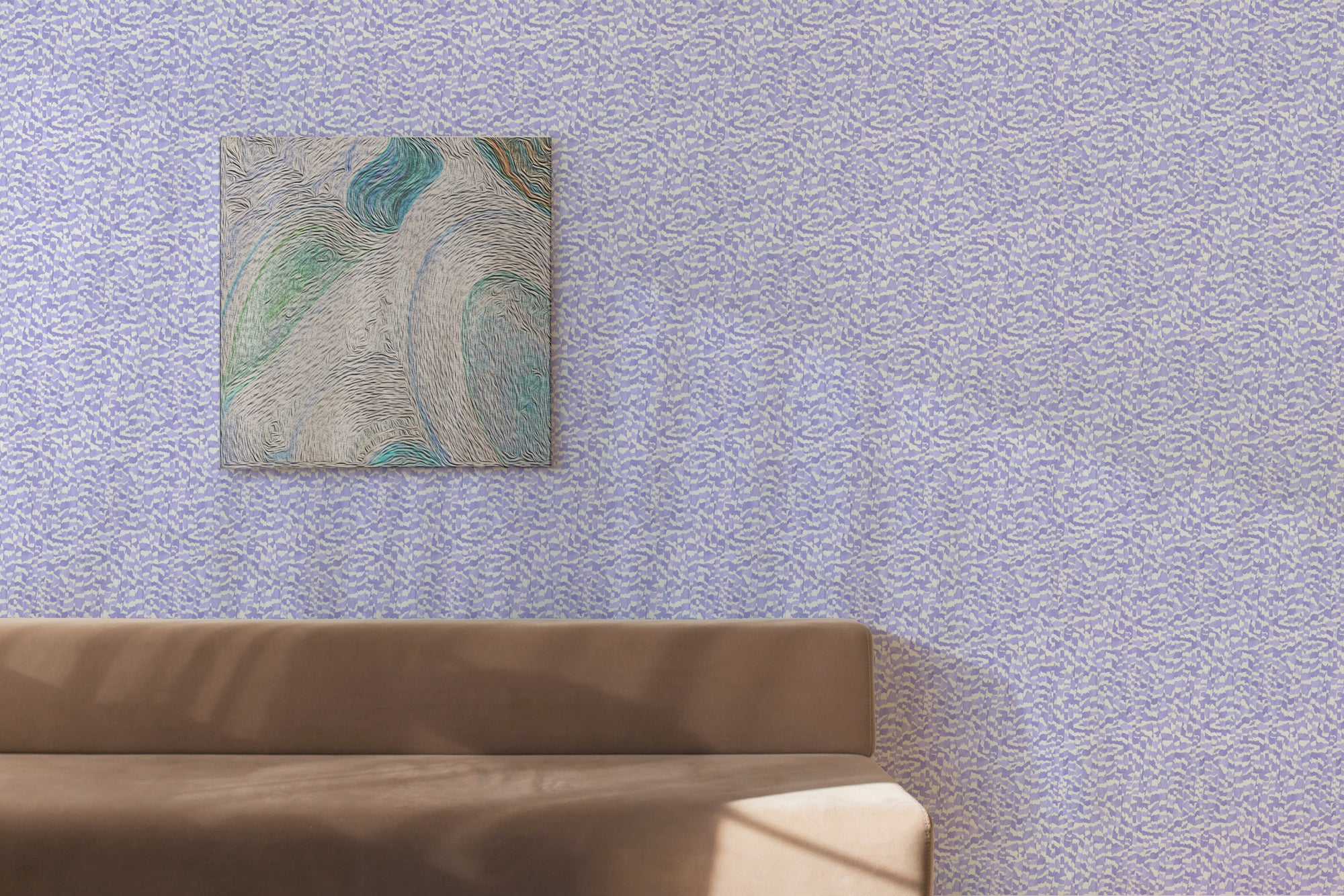 Lavender Zebra Stripe Wallpaper installed in a living room with painting and sofa
