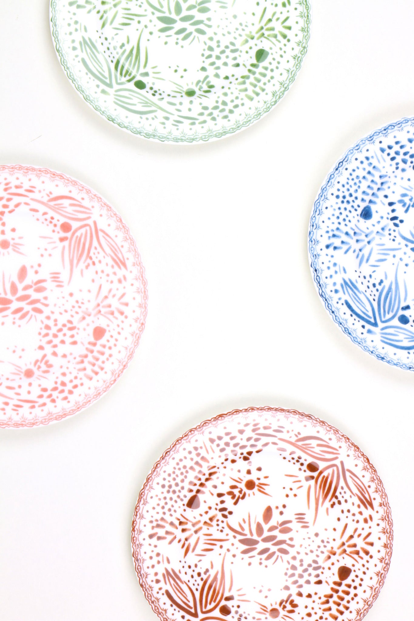 grapefruit pink, grass green, chestnut brown, and blueberry blue mosaic garden salad/dessert plates