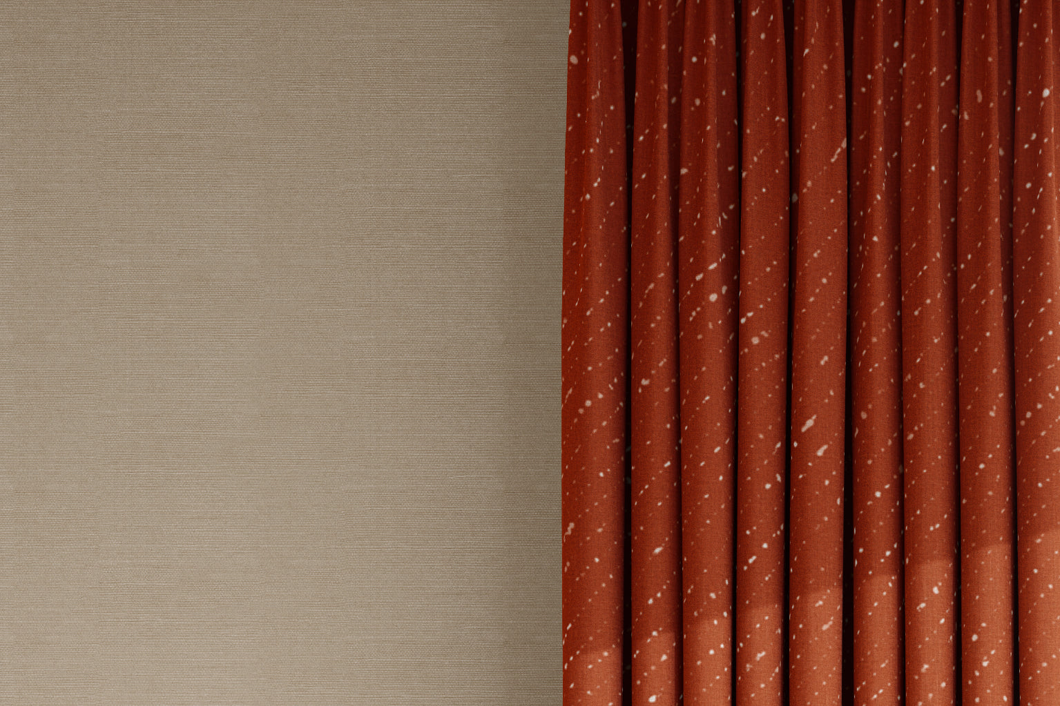 curtains in venable moore 100% european linen staccato nero shibori fabric by the yard in earthy ginger orange against grasscloth wall 