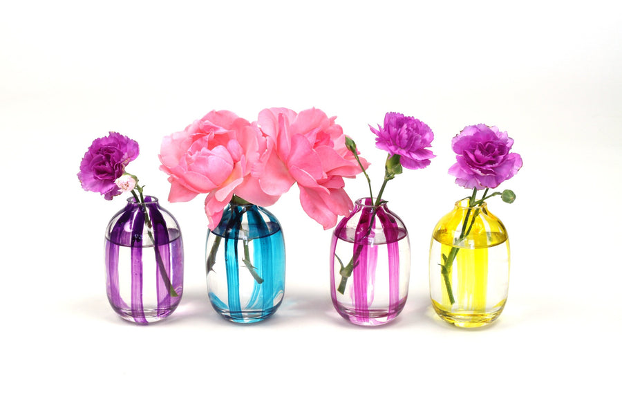 royal purple, turquoise blue, magenta pink, sun yellow hand-painted vases with flowers