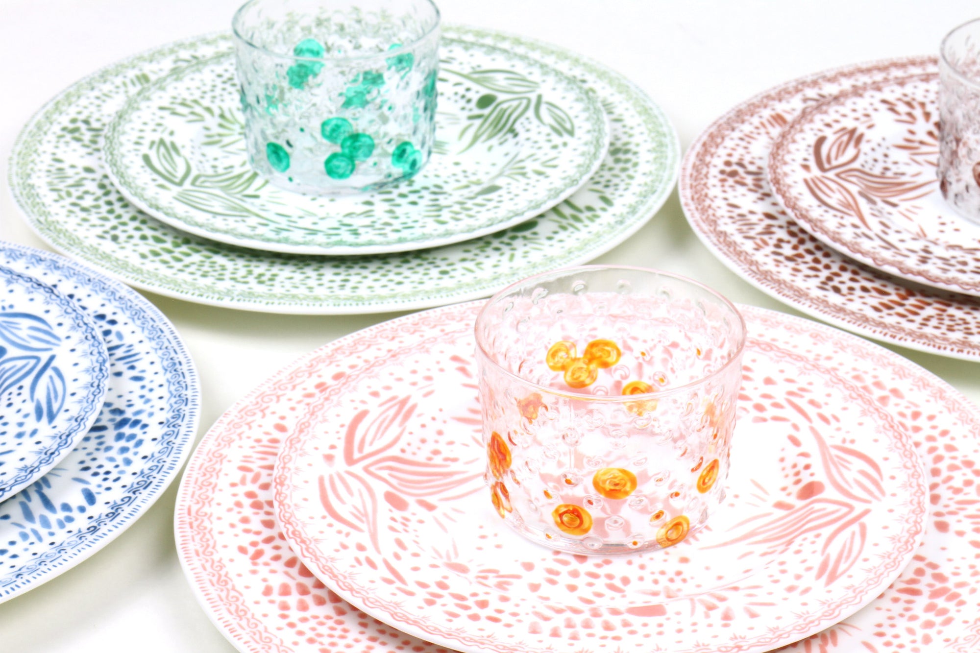 grapefruit pink salad/dessert and dinner mosaic garden plates with hand-painted, hand-blown tangerine bubble glass, grass green salad/dessert and dinner mosaic garden plates with hand-painted, hand-blown shamrock bubble glass