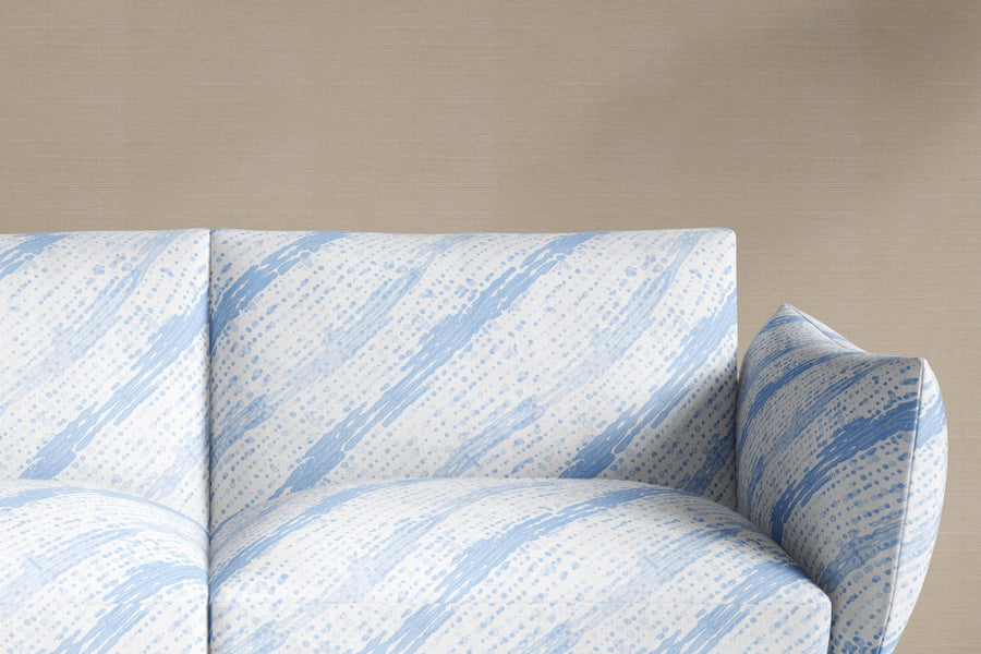 sofa upholstered in 100% linen glissando shibori fabric in powder blue