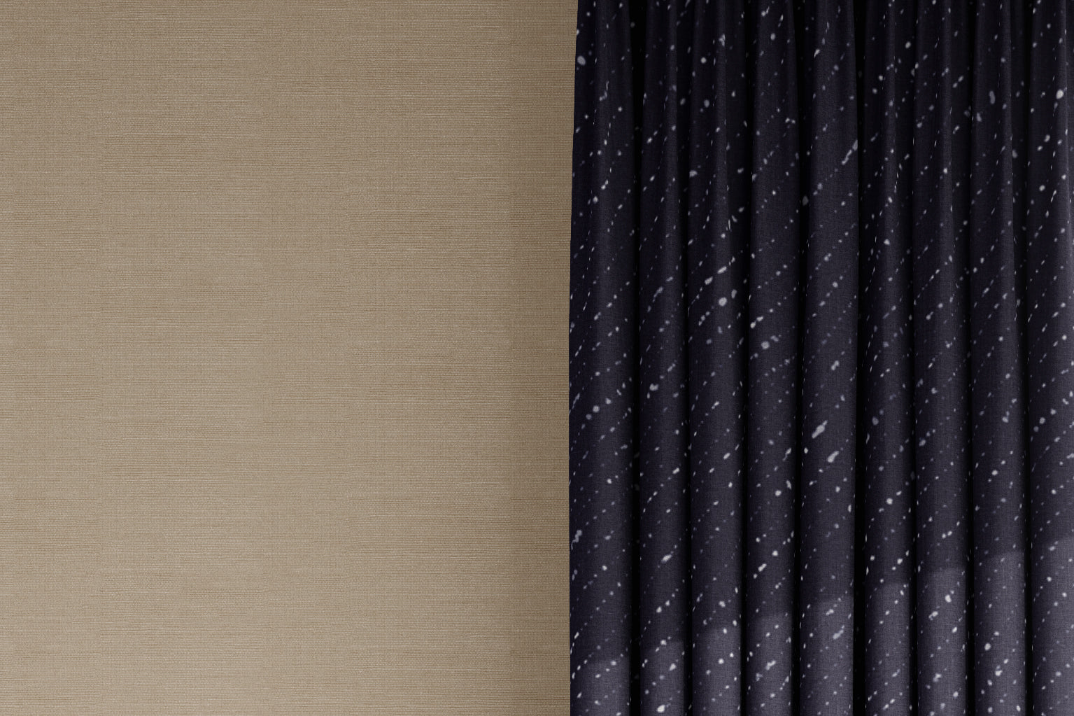 curtains in venable moore 100% european linen staccato nero shibori fabric by the yard in deep sapphire blue against grasscloth wall
