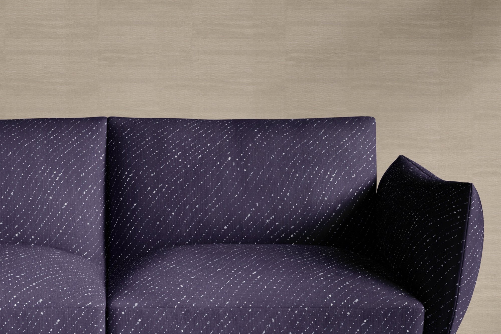 sofa upholstered in venable moore 100% european linen staccato sbiancato shibori fabric in deep sapphire blue made to order in the usa against grasscloth wall