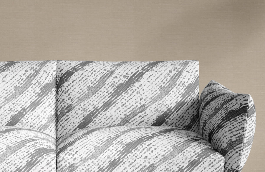 sofa upholstered in 100% linen glissando shibori fabric in storm grey
