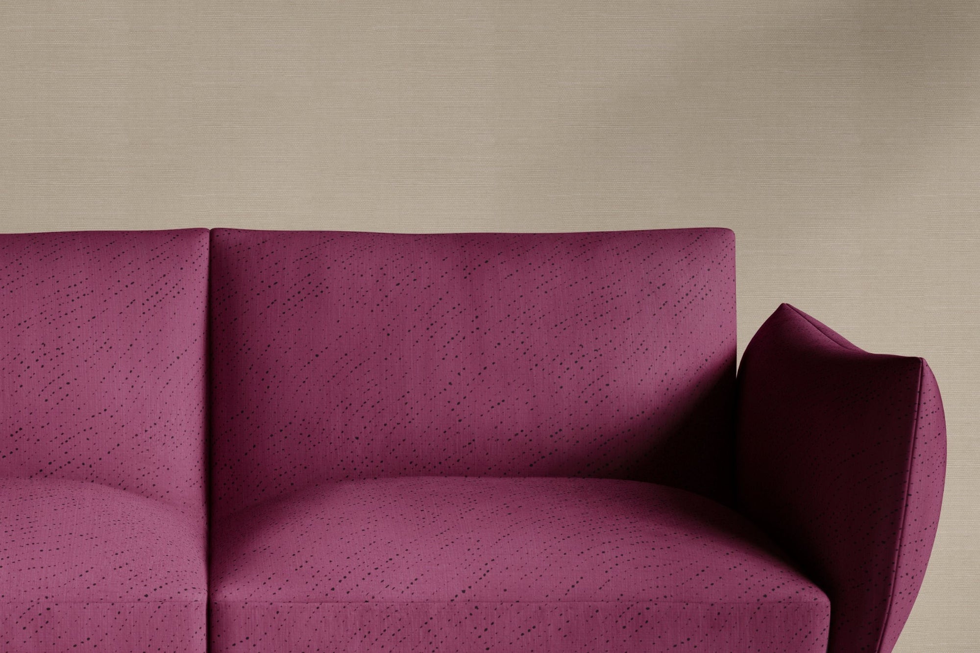 Venable Moore sofa upholstered in 100% linen staccato nero shibori fabric in cerise pink