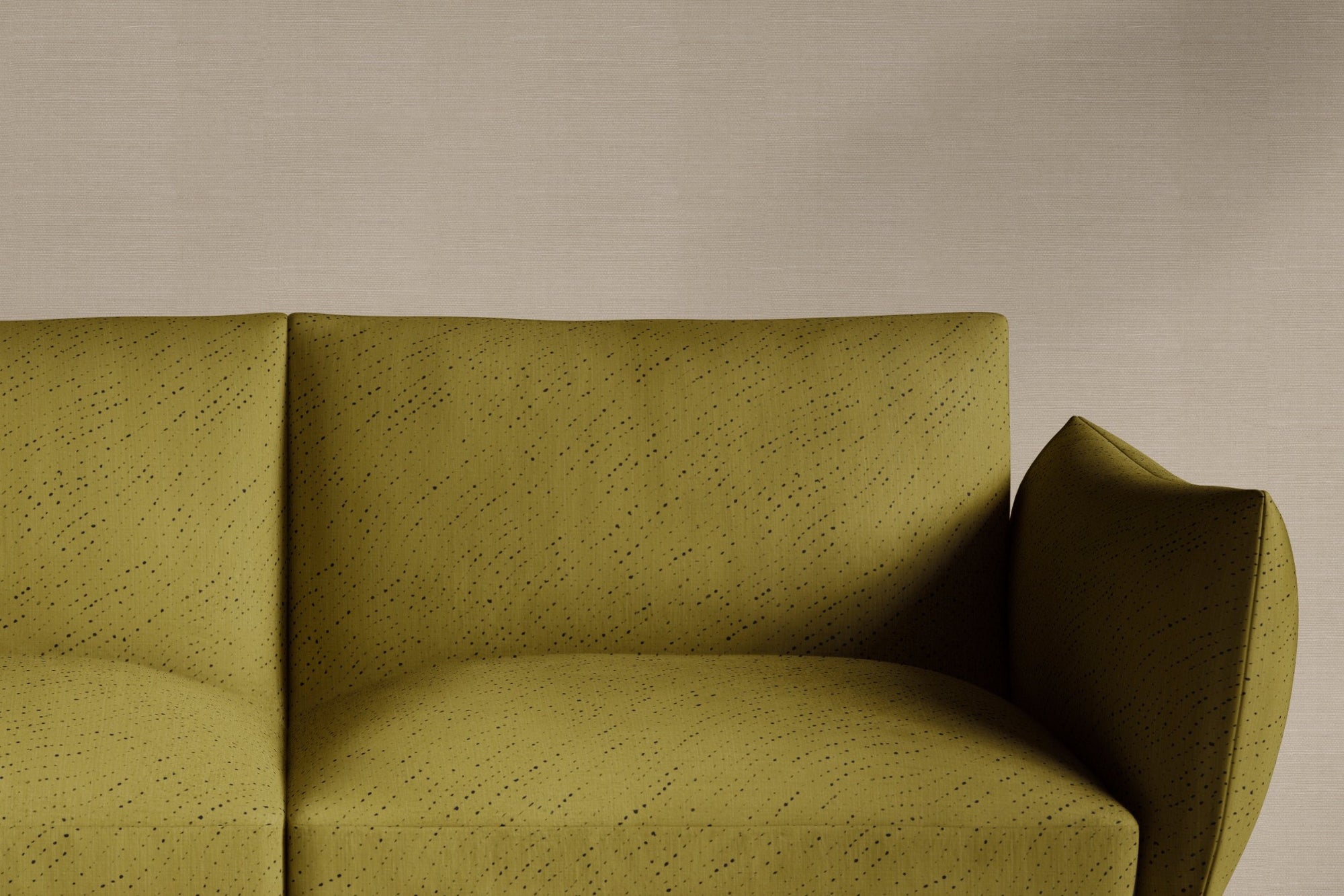 Venable Moore sofa upholstered in 100% linen staccato nero shibori fabric in moss green