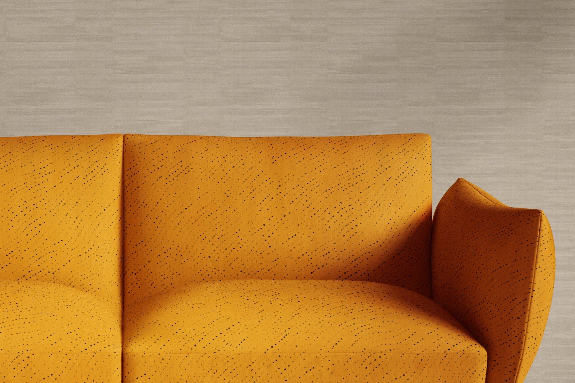 Venable Moore sofa upholstered in 100% linen staccato nero shibori fabric in marigold yellow