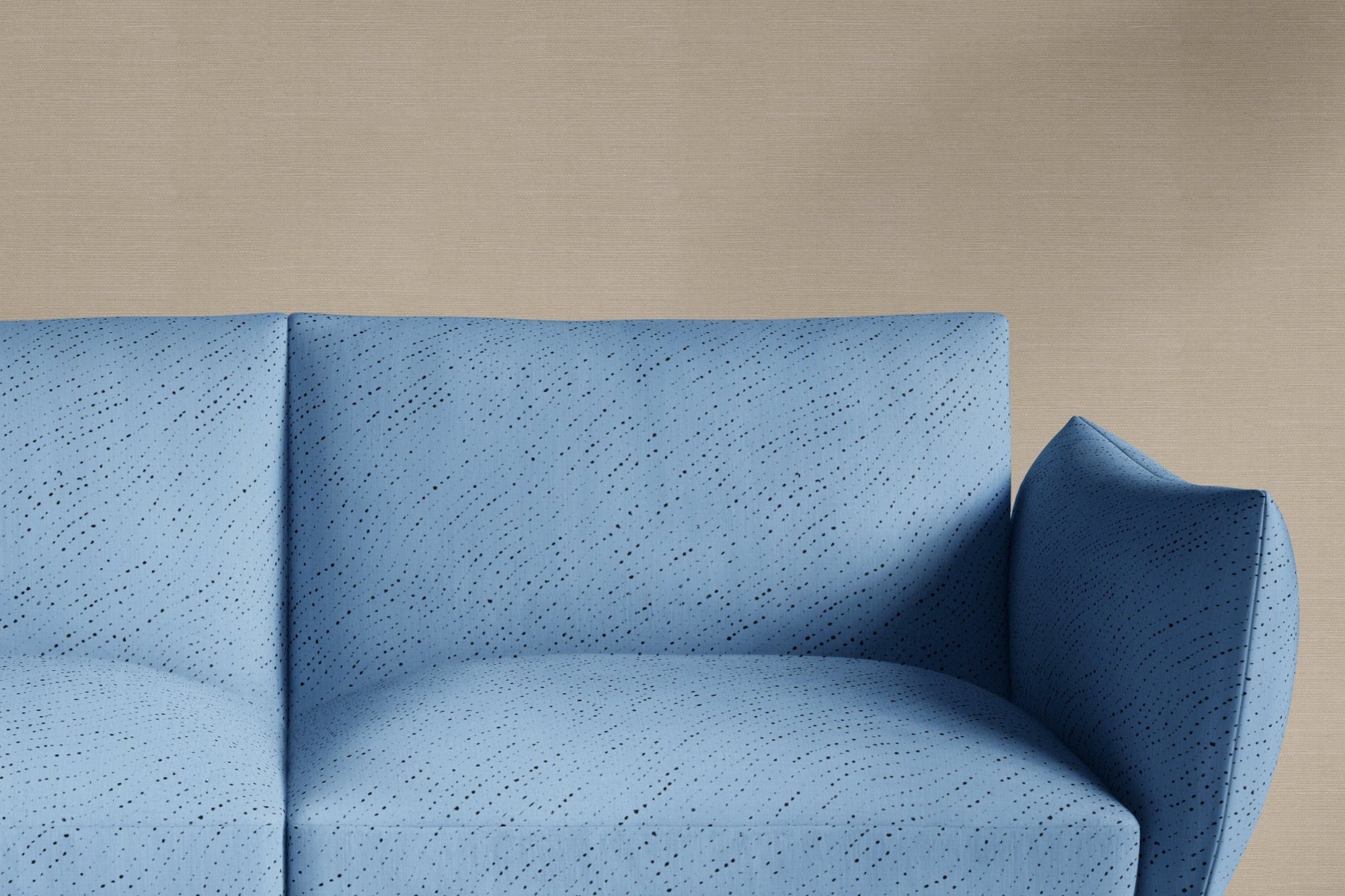 Venable Moore sofa upholstered in 100% linen staccato nero shibori fabric in sky blue