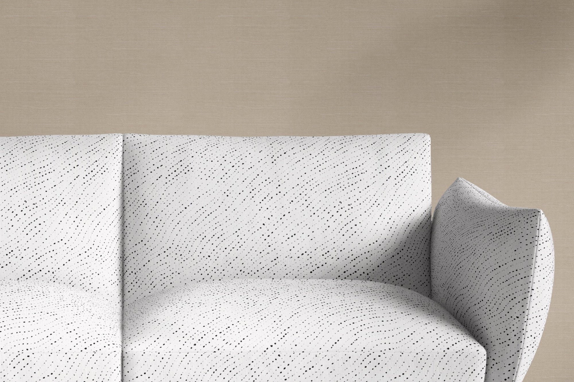 Venable Moore sofa upholstered in 100% linen staccato nero shibori fabric in alabaster white