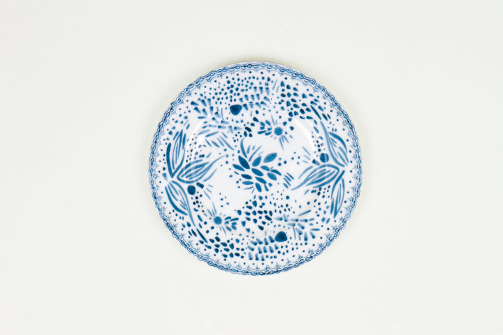 Blueberry Blue ‘mosaic garden’ fine china porcelain salad/dessert plate hand decorated in the usa on white background