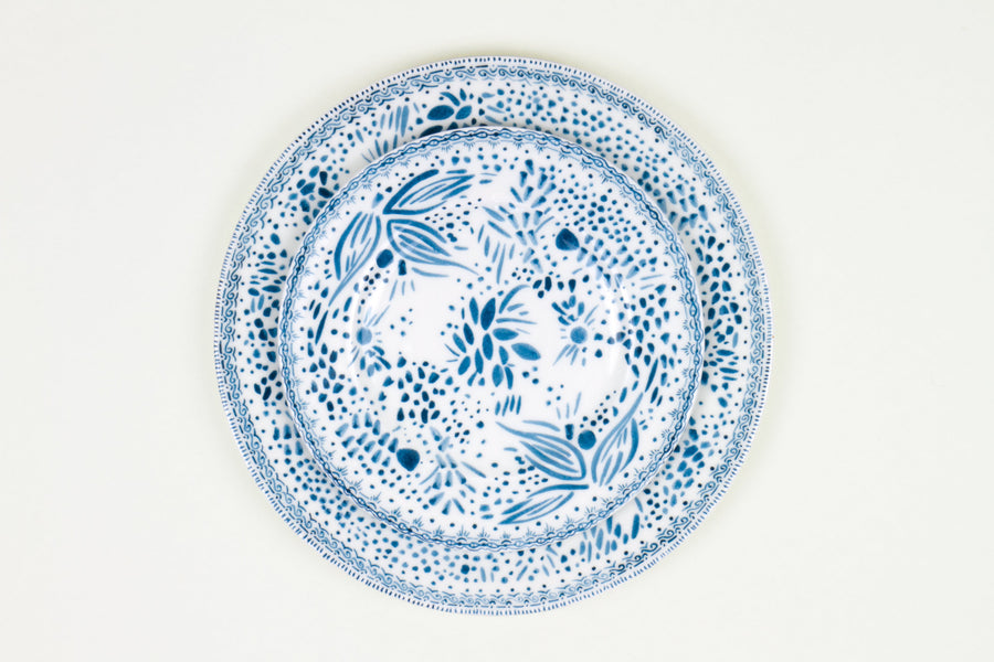 Blueberry Blue mosaic stacked dinner and salad plate fine china porcelain hand decorated in the usa on white background