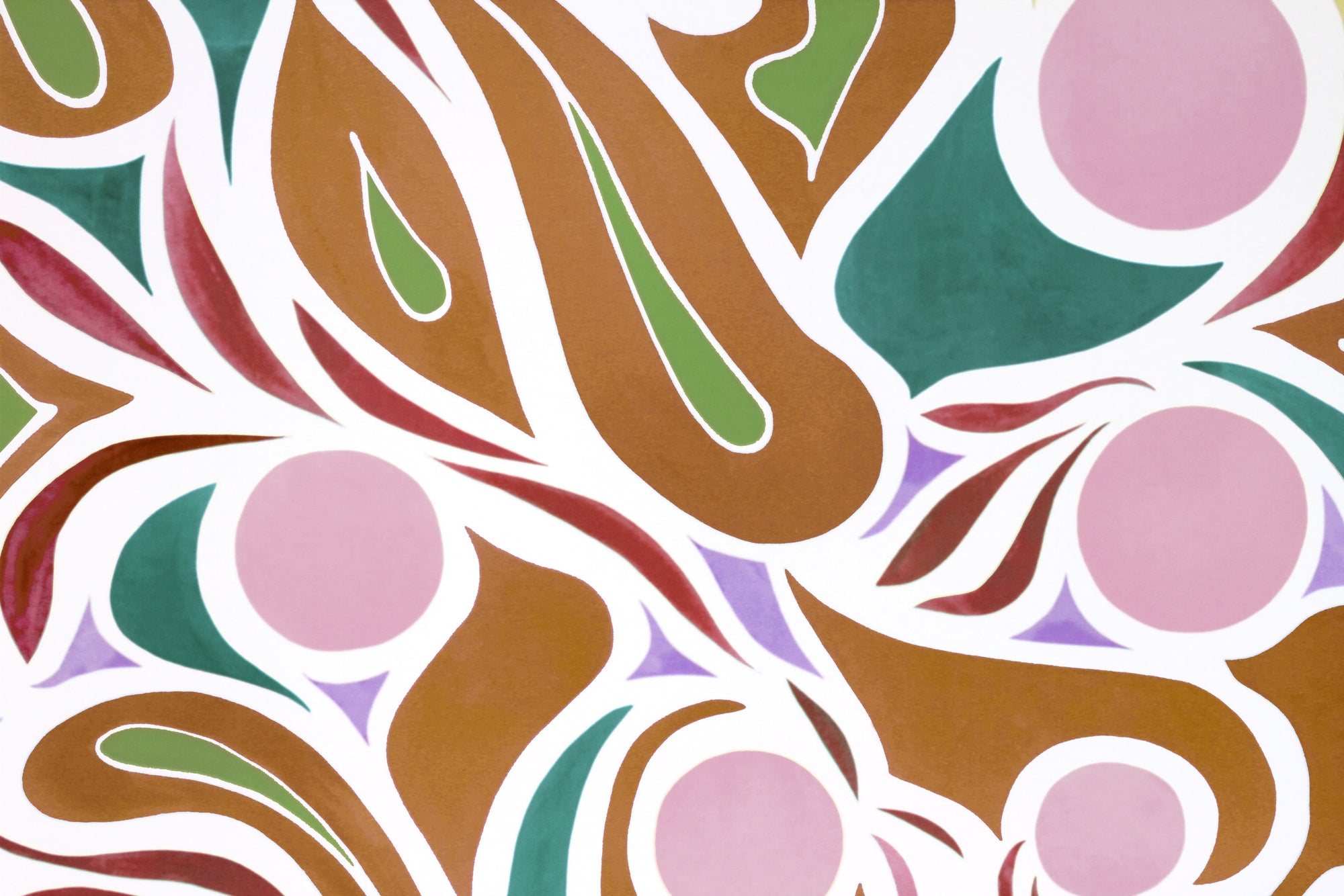 Zoomed in view of Venable Moore ‘Capri’ Damson Plum Purple, Brown, and Teal boutique made-to-order wallpaper, printed in the U.S.A. on FSC Certified Clay Coated paper