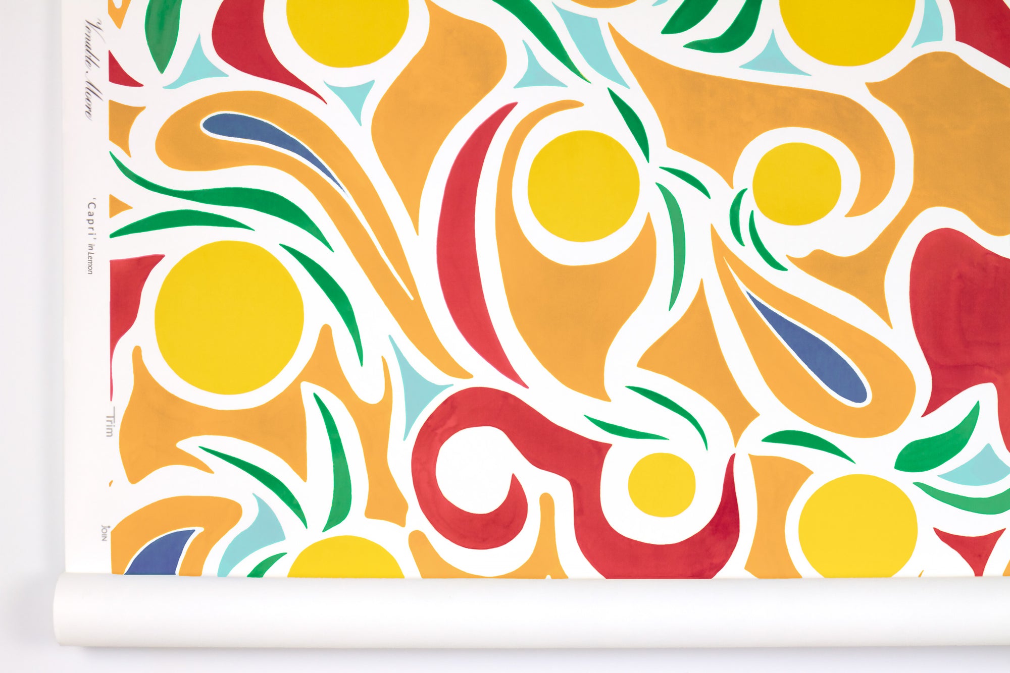 Venable Moore ‘Capri’ Lemon Yellow, Red, and Ochre boutique made-to-order, printed in the U.S.A. wallpaper roll against white wall
