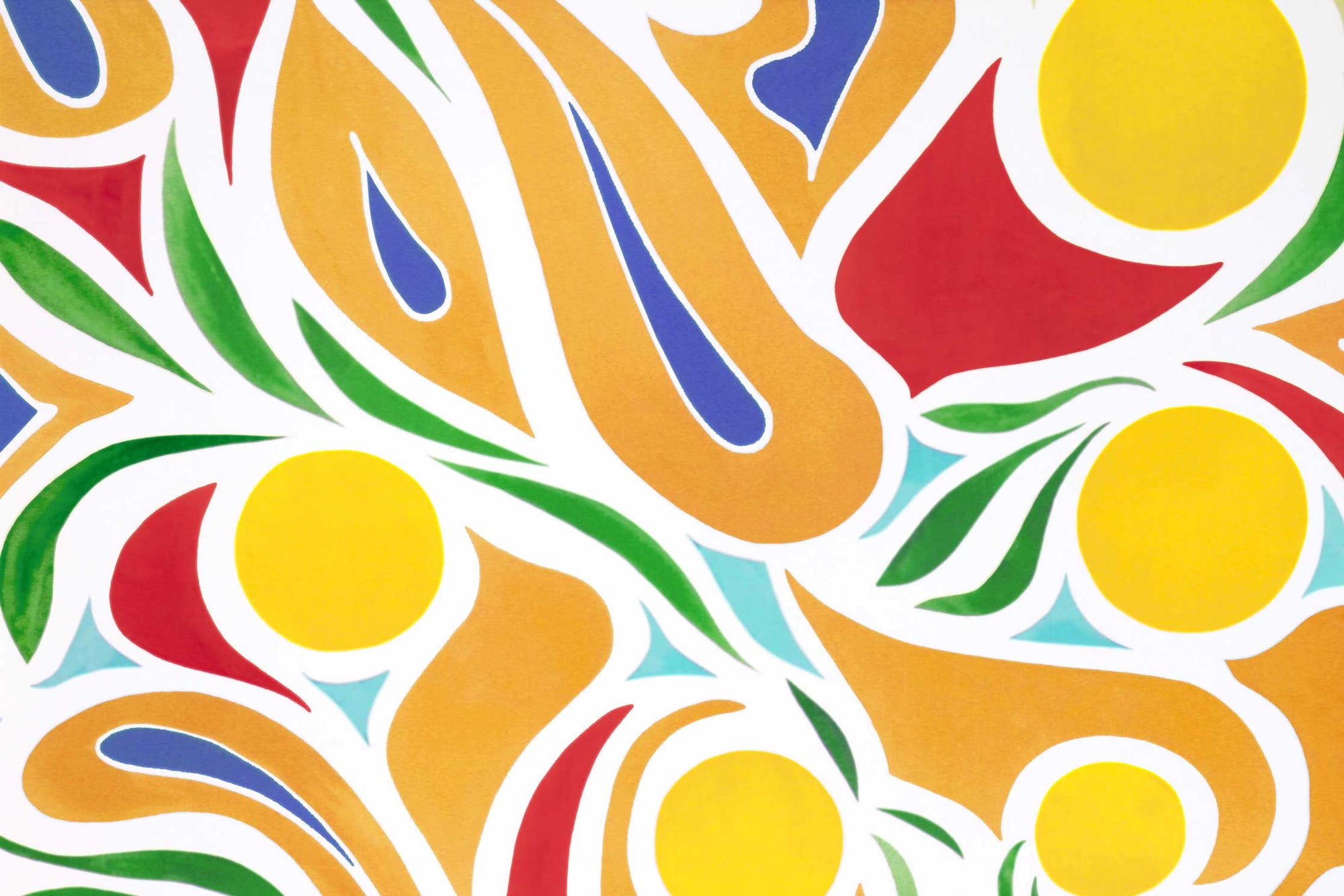 Zoomed in view of Venable Moore ‘Capri’ Lemon Yellow, Red, and Ochre boutique made-to-order wallpaper, printed in the U.S.A. on FSC Certified Clay Coated paper