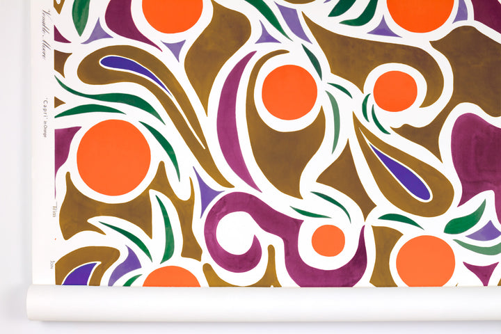 Venable Moore ‘Capri’ Orange, Brown, and Purple boutique made-to-order, printed in the U.S.A. wallpaper roll against white wall