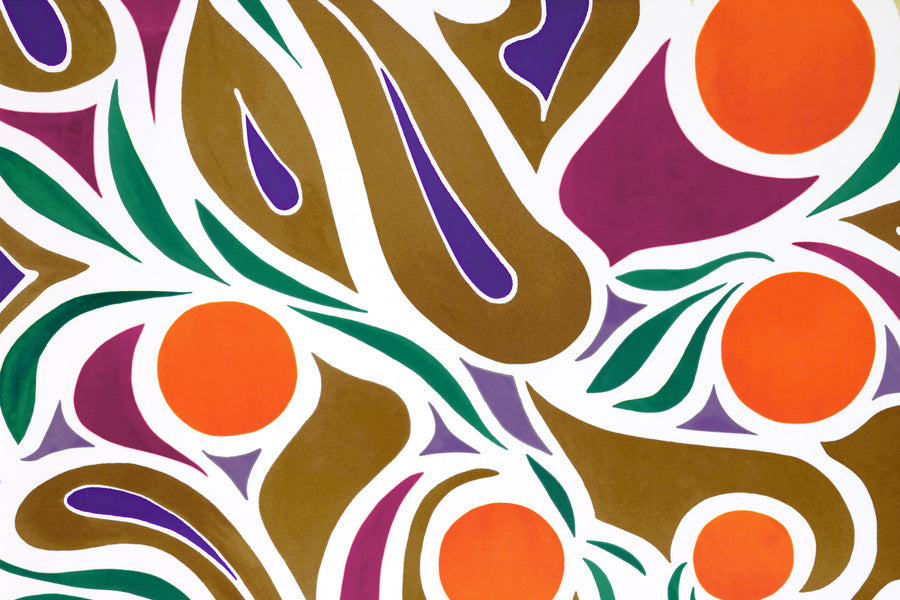 Zoomed in view of Venable Moore ‘Capri’ Orange, Brown, and Purple boutique made-to-order wallpaper, printed in the U.S.A. on FSC Certified Clay Coated paper