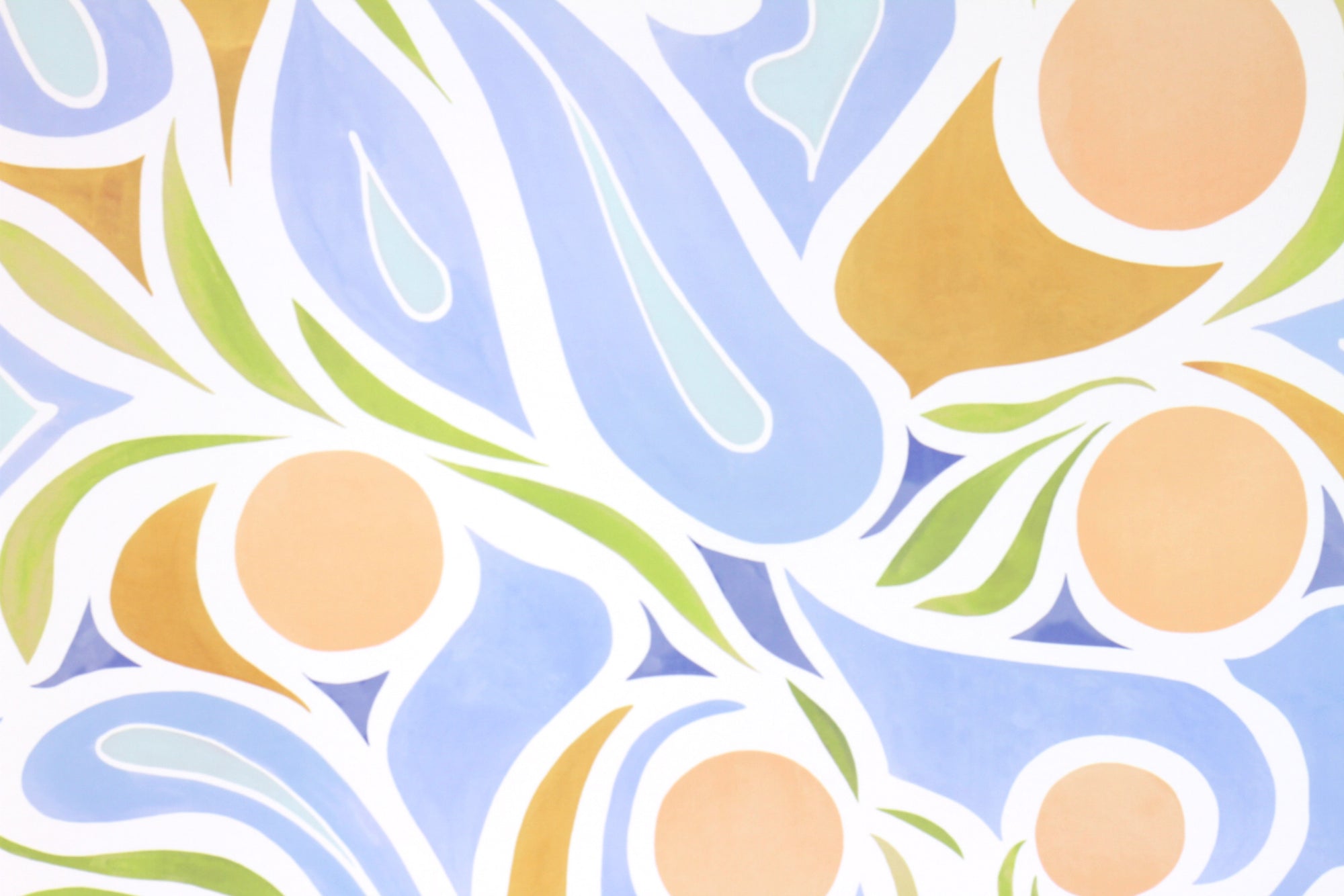 Zoomed in view of Venable Moore ‘Capri’ Pastel Peach Pink, Blue, and Tan boutique made-to-order wallpaper, printed in the U.S.A. on FSC Certified Clay Coated pape