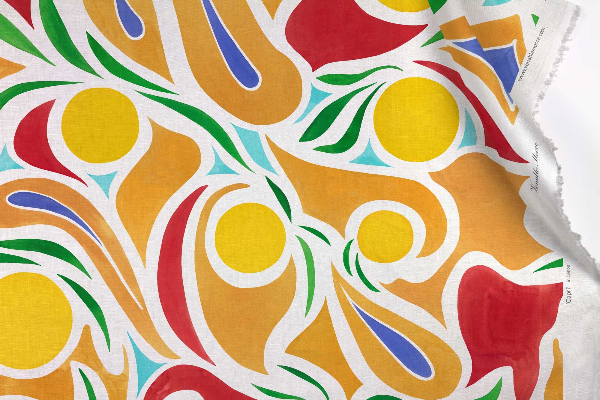 Venable Moore 100% European French linen Capri fabric by the yard in Lemon Yellow, Red, and Ochre with top fold against white 
