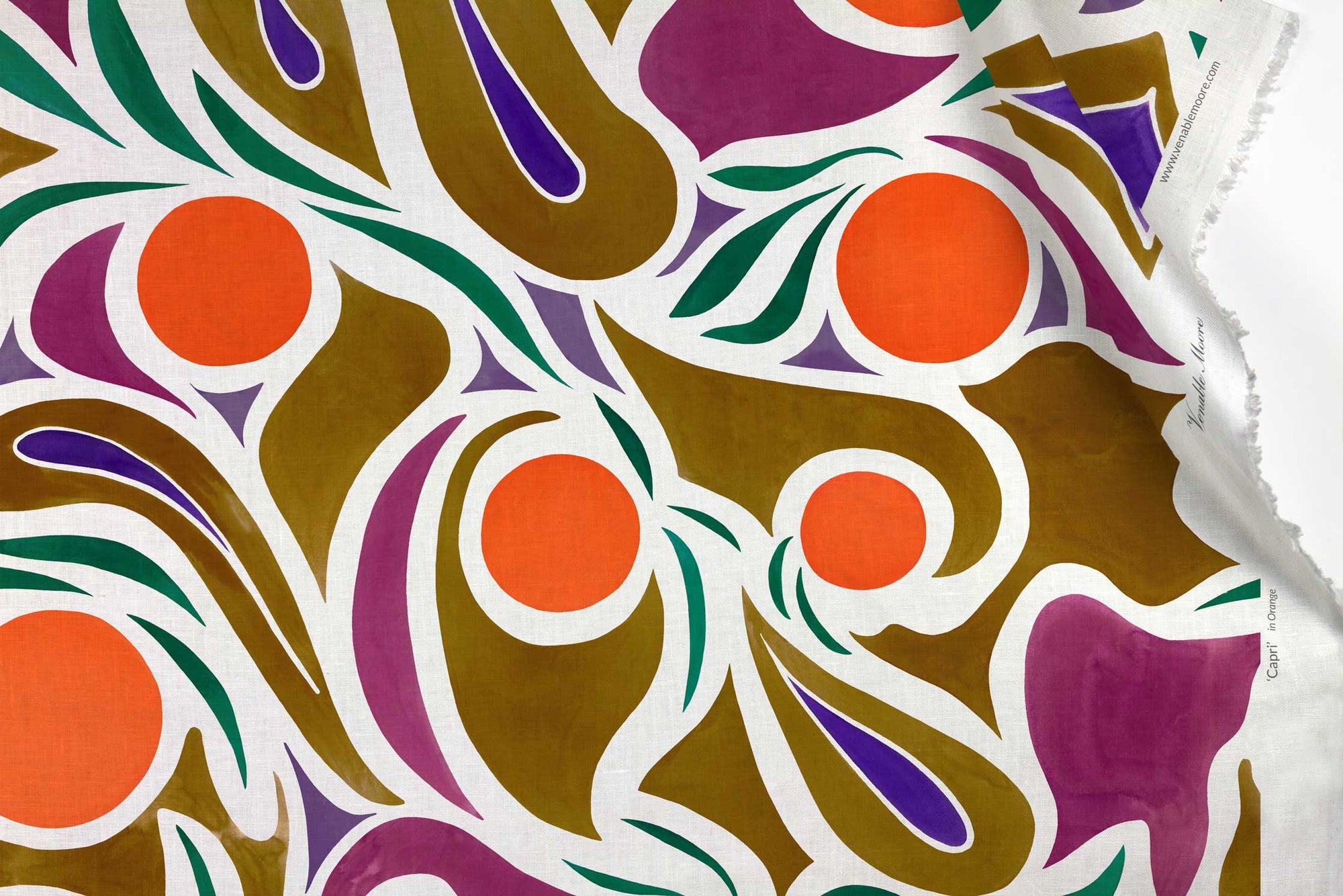 Venable Moore 100% European French linen Capri fabric by the yard in Orange, Brown, and Purple with top fold against white