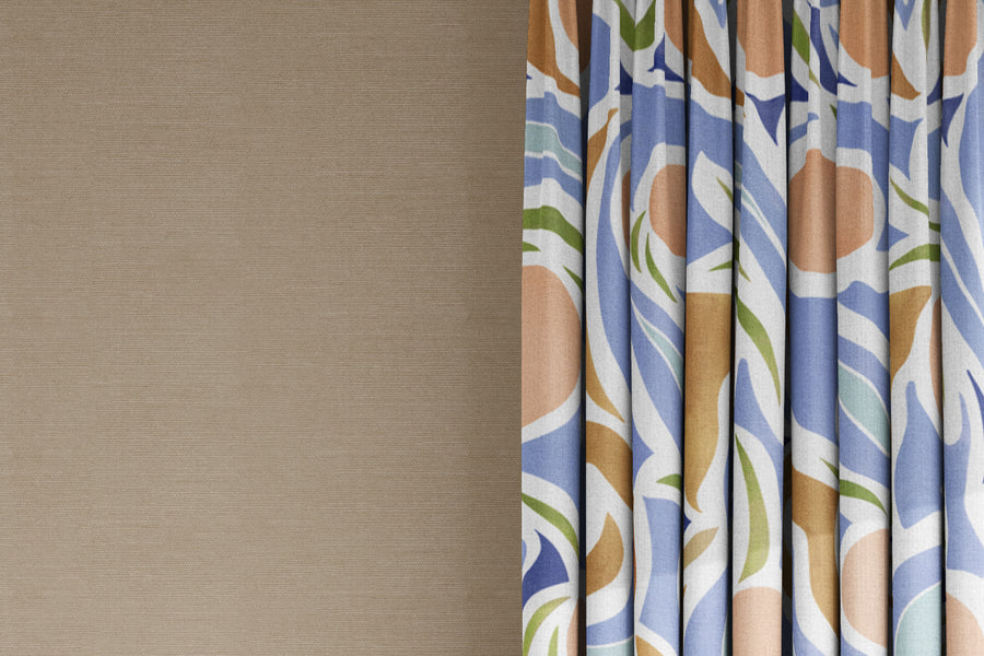 curtains in Venable Moore 100% European French linen capri fabric by the yard in Pastel Peach Pink, Blue, and Tan