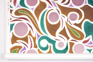 Venable Moore ‘Capri’ Damson Plum Purple, Brown, and Teal boutique made-to-order, printed in the U.S.A. wallpaper roll against white wall