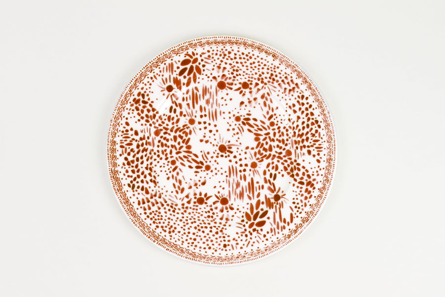 Chestnut brown ‘mosaic garden’ fine china porcelain dinner plate hand decorated in the usa on white background