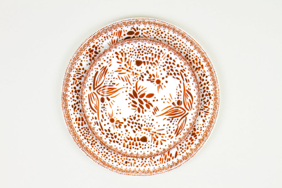 Chestnut brown mosaic stacked dinner and salad plate fine china porcelain hand decorated in the usa on white background