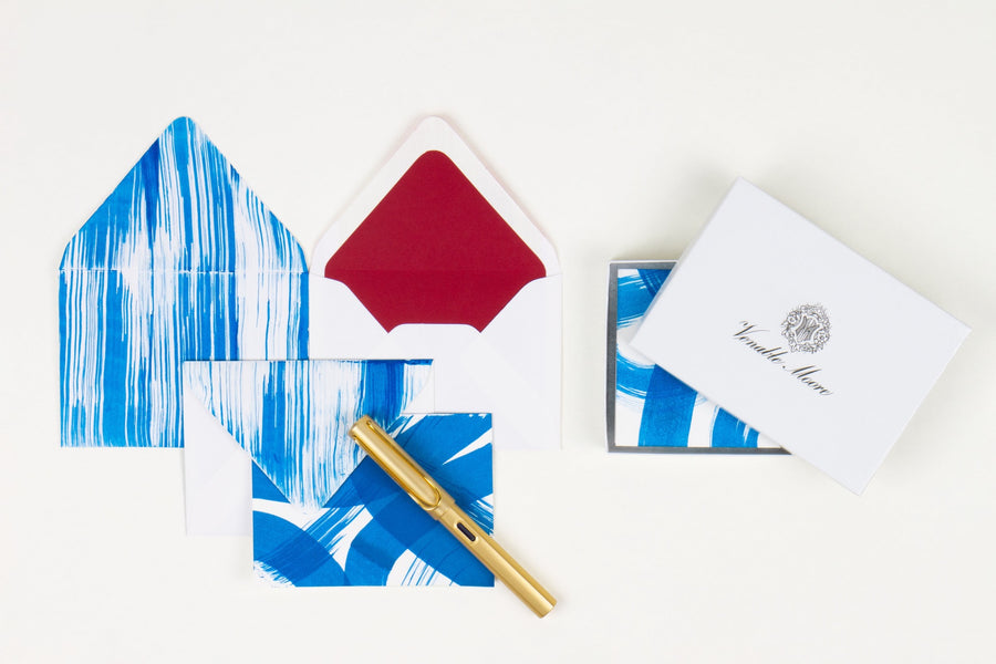 Hand-painted card and crimson lined envelopes in cobalt blue with gold pen and Venable Moore stationery box