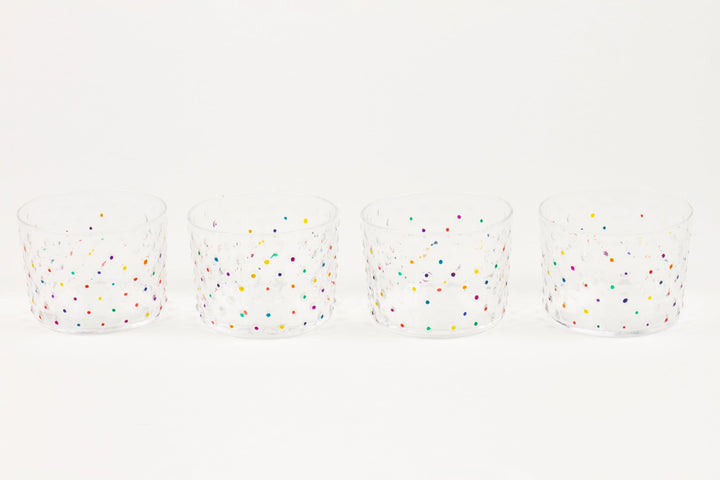 Set of four hand-painted confetti hobnail glasses in multicolor dots