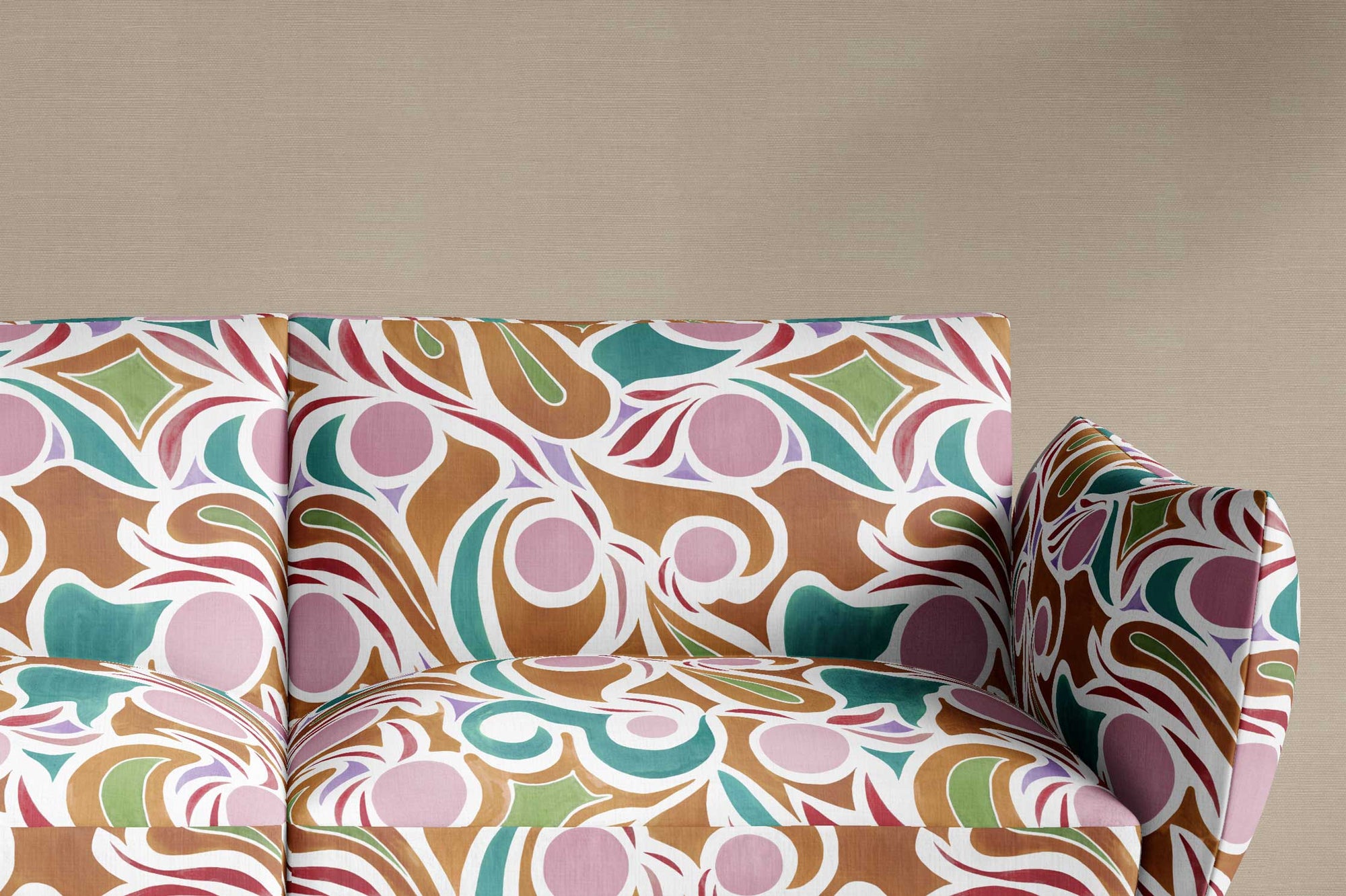 sofa upholstered in 100% European French linen Venable Moore ‘Capri’ Damson Plum Purple, Brown, and Teal  fabric made-to-order and printed in the U.S.A.