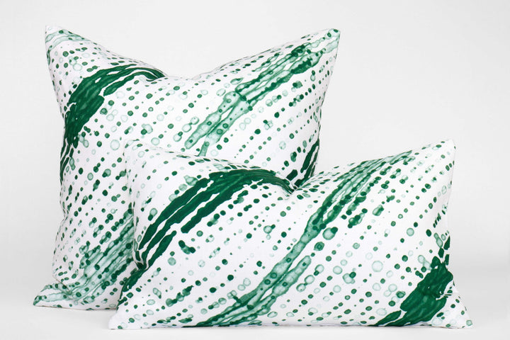 Two 100% linen glissando shibori pillows in emerald green, 20” x 20” and 12” x 20”