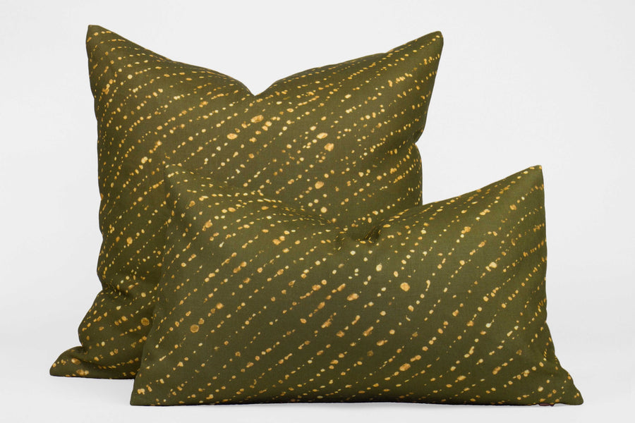 Two 100% linen staccato decolorato shibori pillows in fern green, 20” x 20” and 12” x 20”