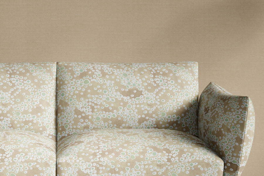 sofa upholstered in 100% European French linen Venable Moore Frizzante neutral buff tan fabric made-to-order and printed in the U.S.A.