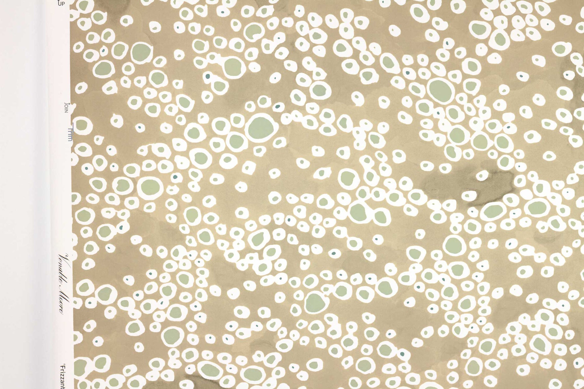 Up close view of Venable Moore ‘Frizzante’ neutral buff tan FSC Certified Clay Coated wallpaper roll against a white wall