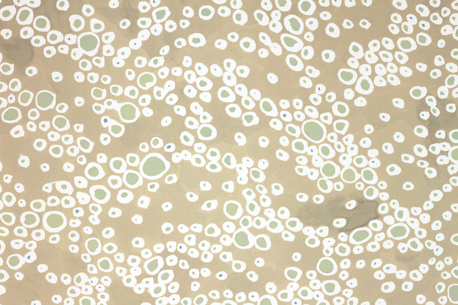 Zoomed in view of Venable Moore ‘Frizzante’ neutral buff tan boutique made-to-order wallpaper, printed in the U.S.A. on FSC Certified Clay Coated paper