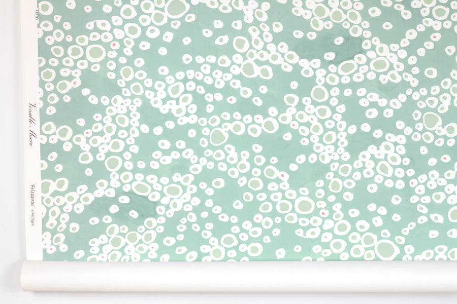 Venable Moore ‘Frizzante’ Pastel verdigris green boutique made-to-order, printed in the U.S.A. wallpaper roll against white wall