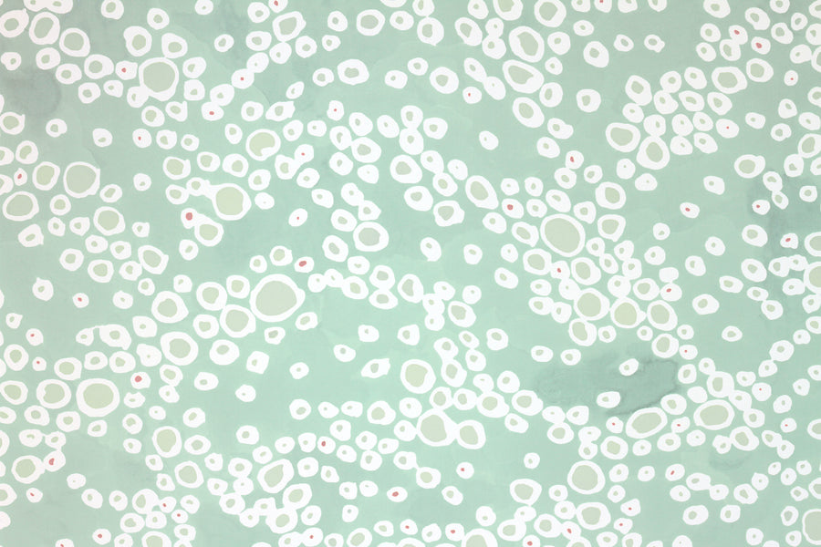 Zoomed in view of Venable Moore ‘Frizzante’ Pastel verdigris green boutique made-to-order wallpaper, printed in the U.S.A. on FSC Certified Clay Coated paper