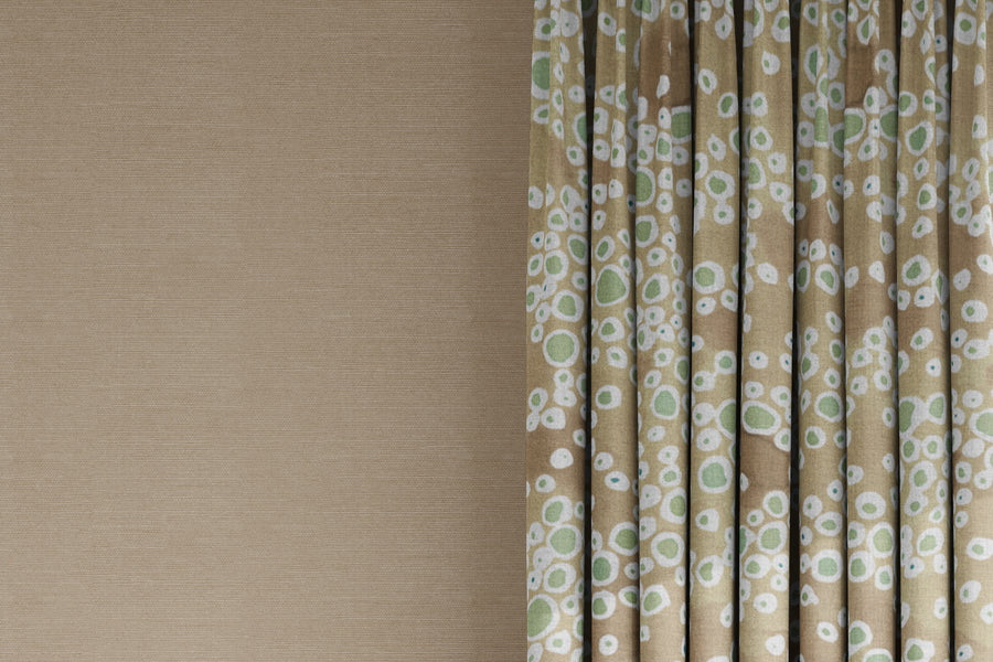 curtains in Venable Moore 100% European French linen frizzante fabric by the yard in neutral buff tan 