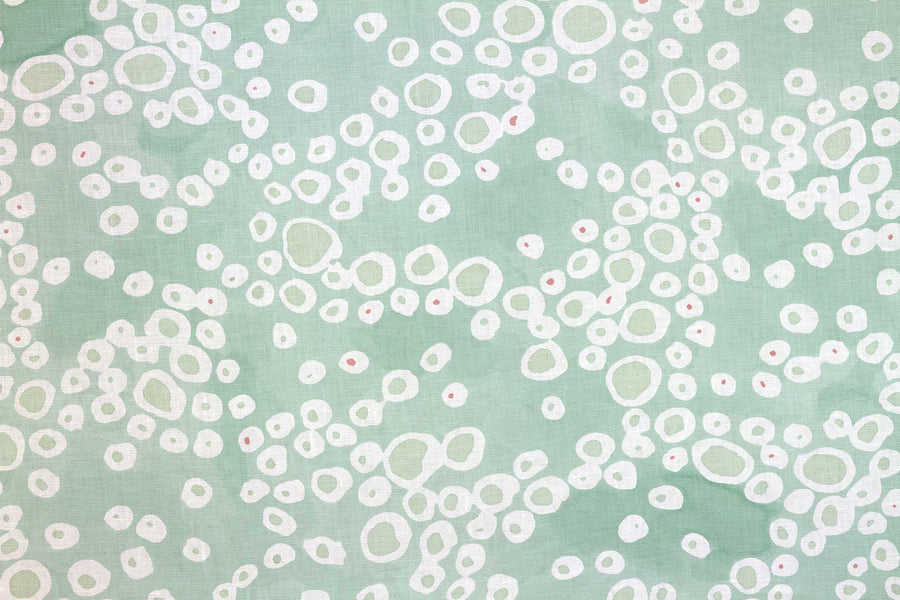 Up close of Venable Moore 100% European French linen frizzante fabric by the yard in pastel verdigris green