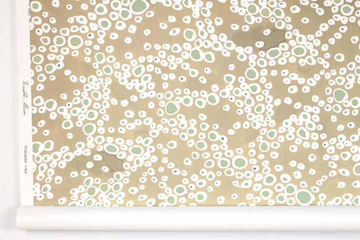 Venable Moore ‘Frizzante’ neutral buff tan boutique made-to-order, printed in the U.S.A. wallpaper roll against white wall